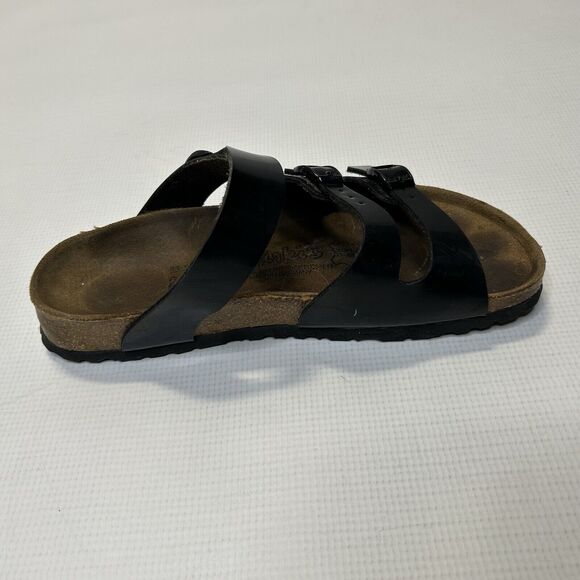 Birkis Florida Black Patent Leather Triple Strap Slide Sandals Women Size 7 EU38 - Picture 3 of 13
